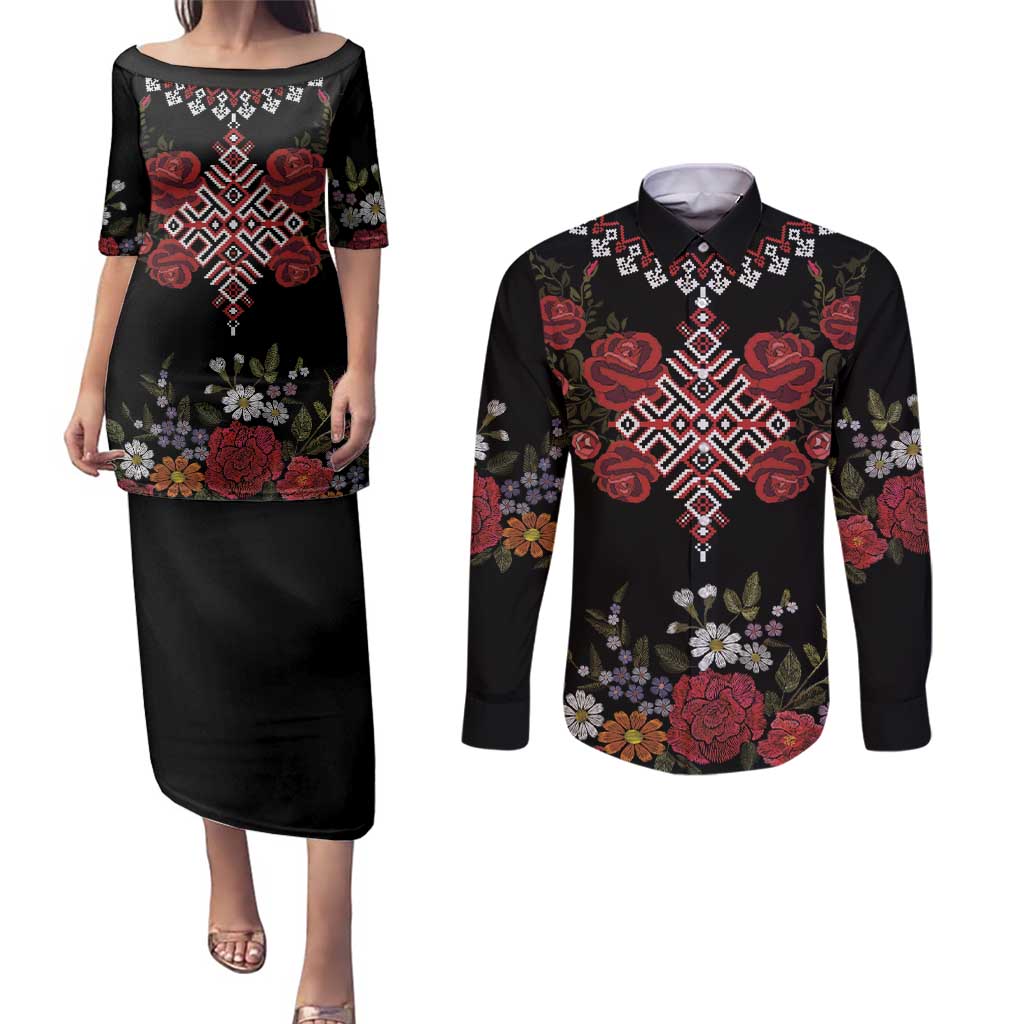 Czech Republic Traditional Costume Couples Matching Puletasi and Long Sleeve Button Shirt Embroidery Floral Pattern With Red Rose