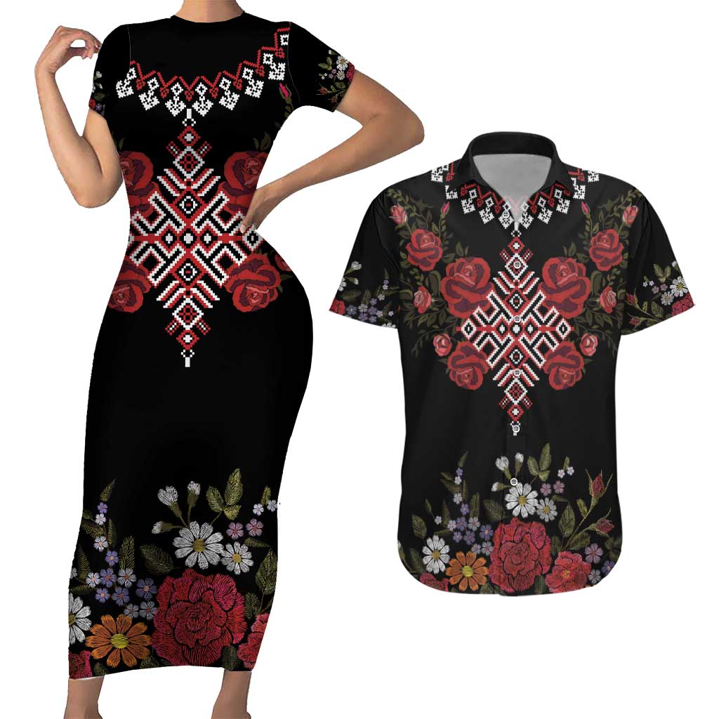 Czech Republic Traditional Costume Couples Matching Short Sleeve Bodycon Dress and Hawaiian Shirt Embroidery Floral Pattern With Red Rose
