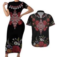 Czech Republic Traditional Costume Couples Matching Short Sleeve Bodycon Dress and Hawaiian Shirt Embroidery Floral Pattern With Red Rose