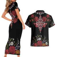 Czech Republic Traditional Costume Couples Matching Short Sleeve Bodycon Dress and Hawaiian Shirt Embroidery Floral Pattern With Red Rose