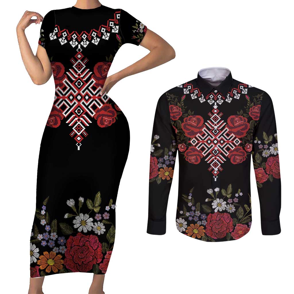 Czech Republic Traditional Costume Couples Matching Short Sleeve Bodycon Dress and Long Sleeve Button Shirt Embroidery Floral Pattern With Red Rose