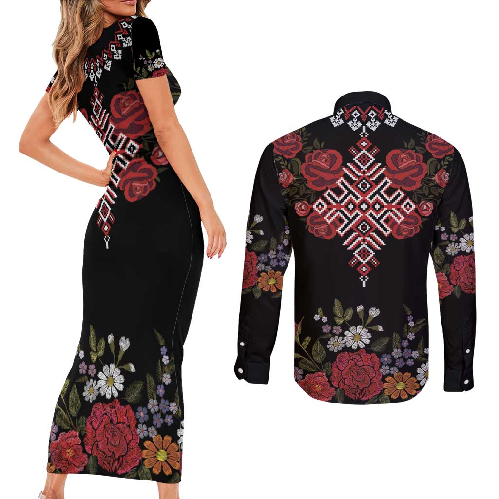 Czech Republic Traditional Costume Couples Matching Short Sleeve Bodycon Dress and Long Sleeve Button Shirt Embroidery Floral Pattern With Red Rose