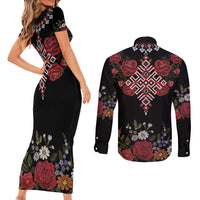 Czech Republic Traditional Costume Couples Matching Short Sleeve Bodycon Dress and Long Sleeve Button Shirt Embroidery Floral Pattern With Red Rose