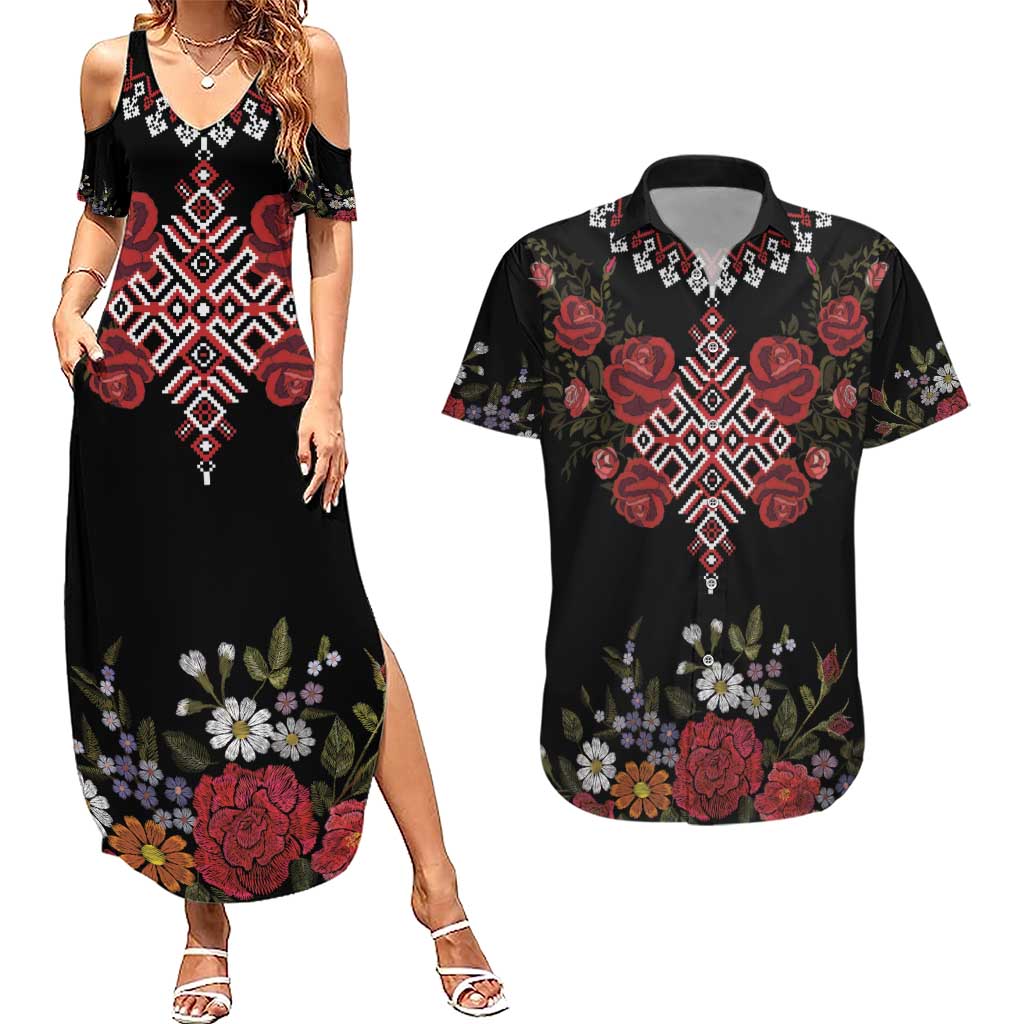 Czech Republic Traditional Costume Couples Matching Summer Maxi Dress and Hawaiian Shirt Embroidery Floral Pattern With Red Rose