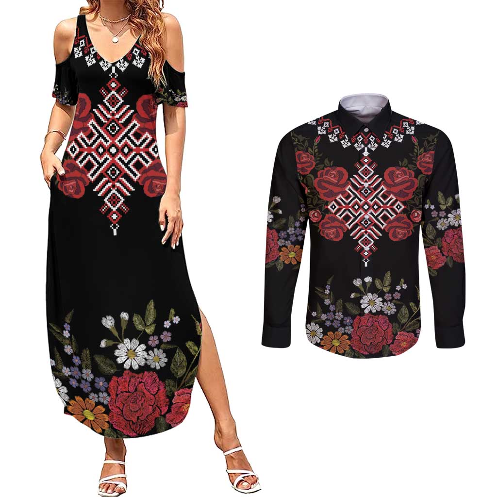 Czech Republic Traditional Costume Couples Matching Summer Maxi Dress and Long Sleeve Button Shirt Embroidery Floral Pattern With Red Rose