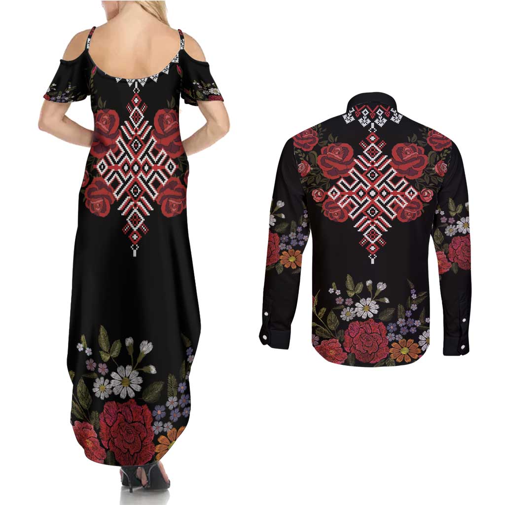 Czech Republic Traditional Costume Couples Matching Summer Maxi Dress and Long Sleeve Button Shirt Embroidery Floral Pattern With Red Rose