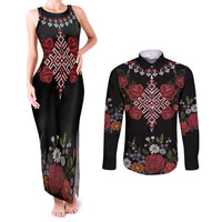 Czech Republic Traditional Costume Couples Matching Tank Maxi Dress and Long Sleeve Button Shirt Embroidery Floral Pattern With Red Rose
