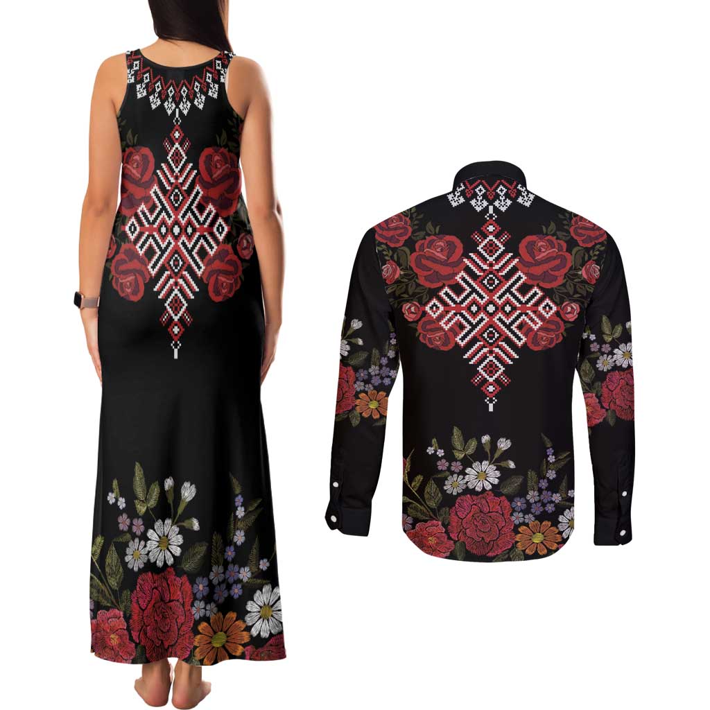 Czech Republic Traditional Costume Couples Matching Tank Maxi Dress and Long Sleeve Button Shirt Embroidery Floral Pattern With Red Rose