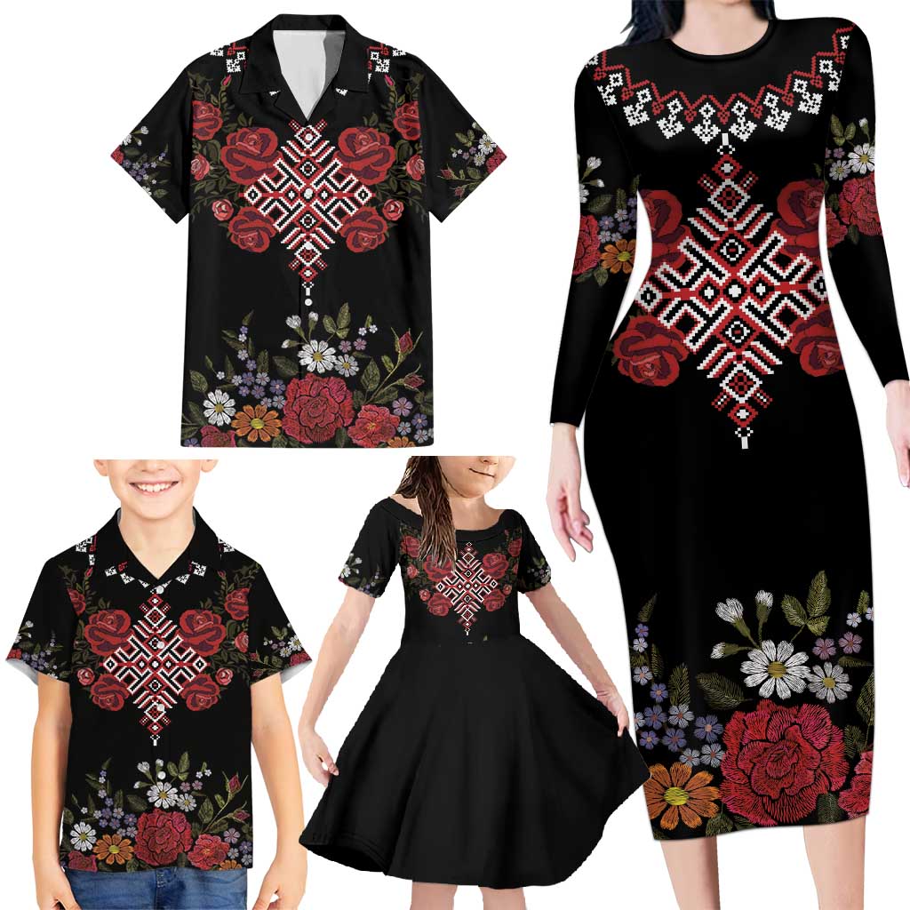 Czech Republic Traditional Costume Family Matching Long Sleeve Bodycon Dress and Hawaiian Shirt Embroidery Floral Pattern With Red Rose