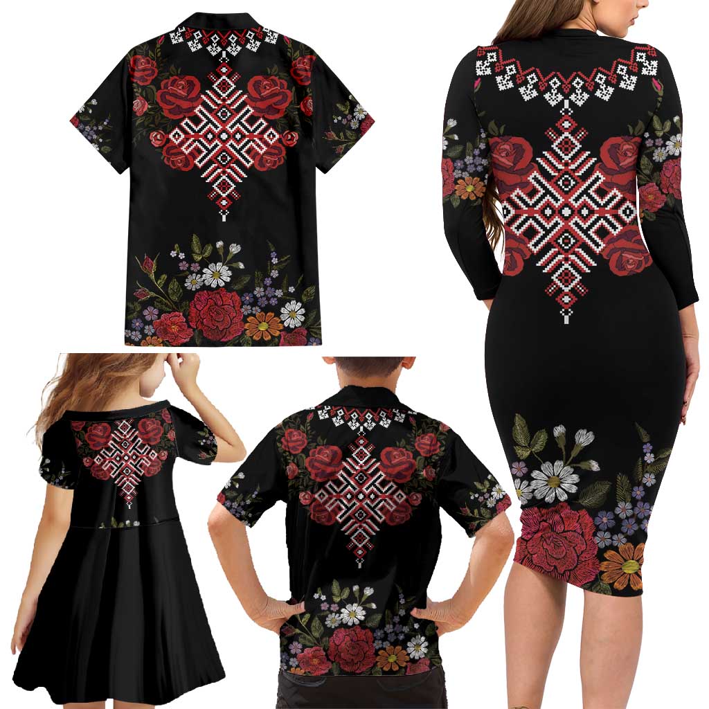 Czech Republic Traditional Costume Family Matching Long Sleeve Bodycon Dress and Hawaiian Shirt Embroidery Floral Pattern With Red Rose