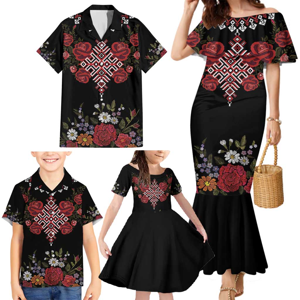 Czech Republic Traditional Costume Family Matching Mermaid Dress and Hawaiian Shirt Embroidery Floral Pattern With Red Rose