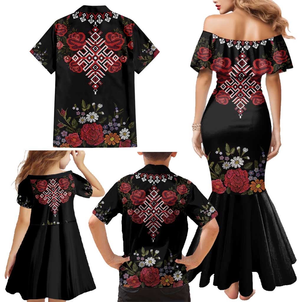 Czech Republic Traditional Costume Family Matching Mermaid Dress and Hawaiian Shirt Embroidery Floral Pattern With Red Rose