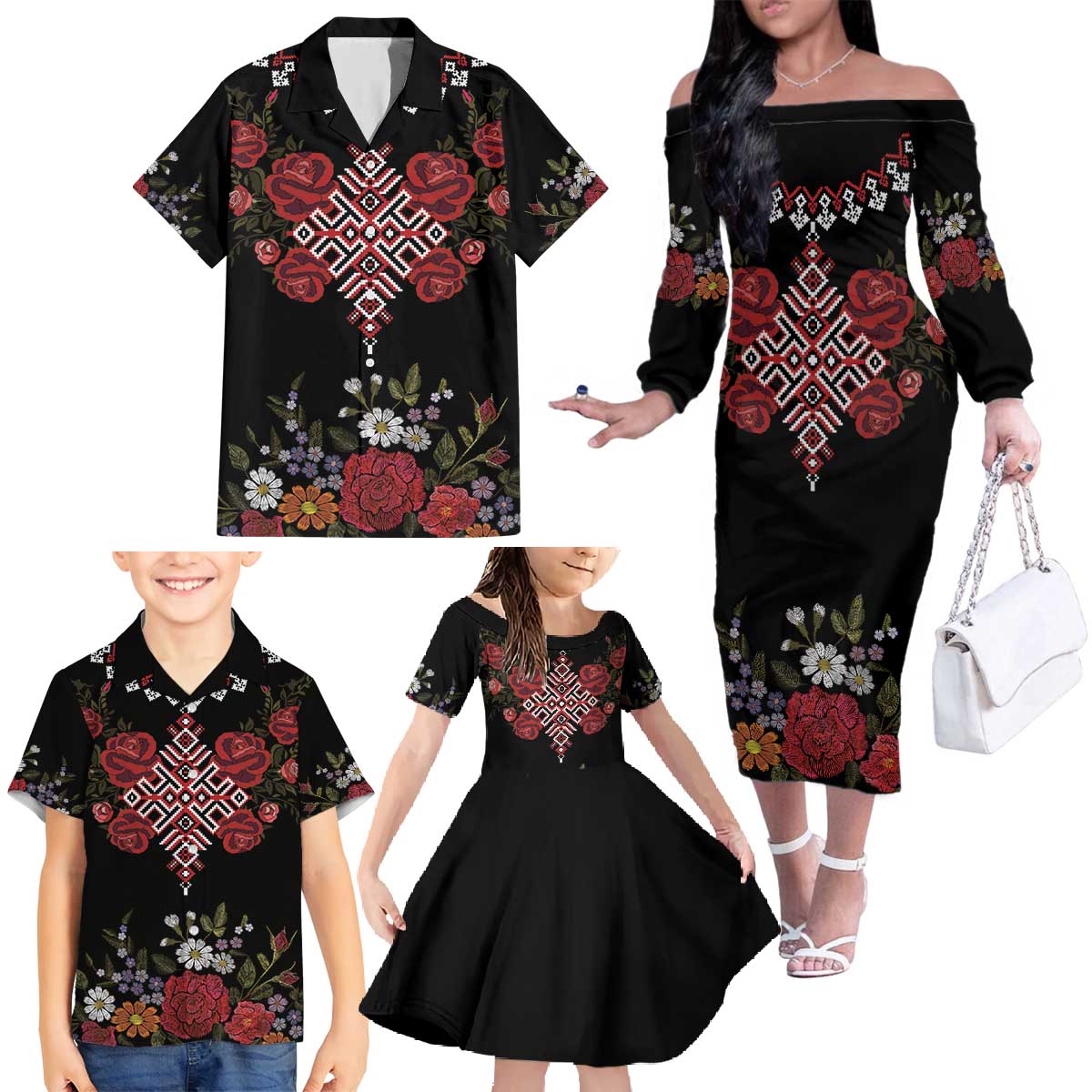 Czech Republic Traditional Costume Family Matching Off The Shoulder Long Sleeve Dress and Hawaiian Shirt Embroidery Floral Pattern With Red Rose