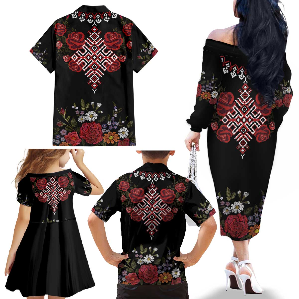 Czech Republic Traditional Costume Family Matching Off The Shoulder Long Sleeve Dress and Hawaiian Shirt Embroidery Floral Pattern With Red Rose