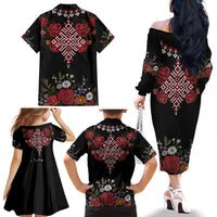 Czech Republic Traditional Costume Family Matching Off The Shoulder Long Sleeve Dress and Hawaiian Shirt Embroidery Floral Pattern With Red Rose