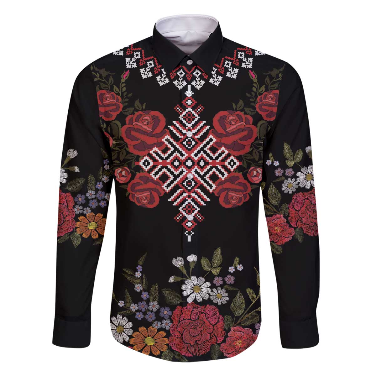 Czech Republic Traditional Costume Family Matching Off The Shoulder Long Sleeve Dress and Hawaiian Shirt Embroidery Floral Pattern With Red Rose