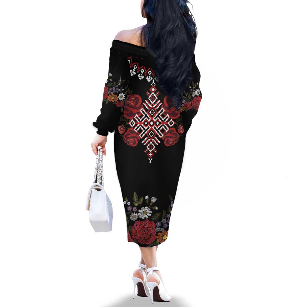 Czech Republic Traditional Costume Family Matching Off The Shoulder Long Sleeve Dress and Hawaiian Shirt Embroidery Floral Pattern With Red Rose