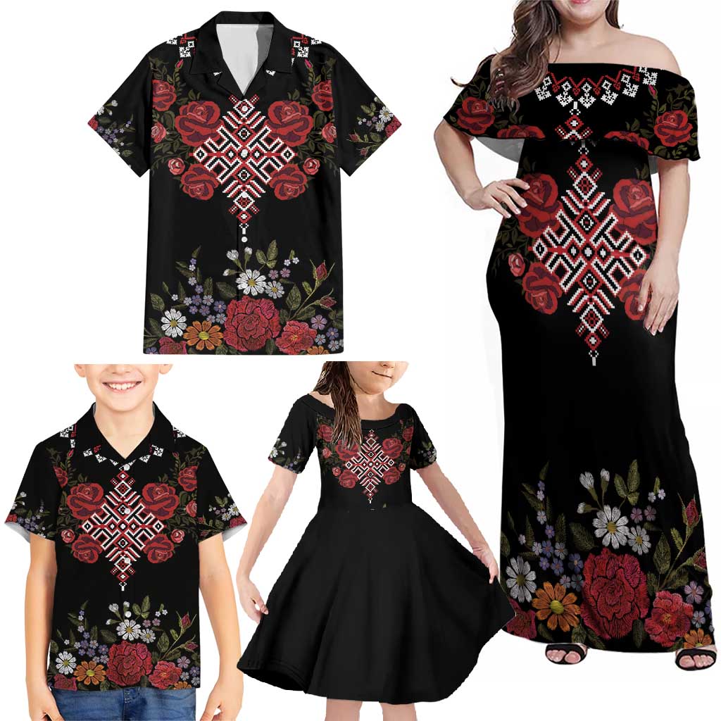 Czech Republic Traditional Costume Family Matching Off Shoulder Maxi Dress and Hawaiian Shirt Embroidery Floral Pattern With Red Rose
