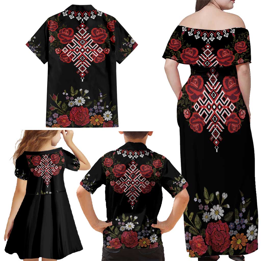Czech Republic Traditional Costume Family Matching Off Shoulder Maxi Dress and Hawaiian Shirt Embroidery Floral Pattern With Red Rose