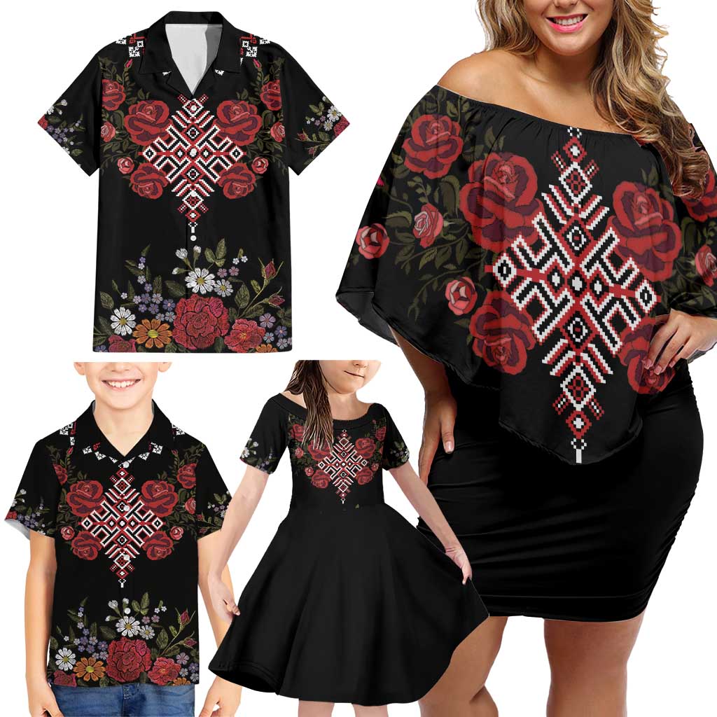 Czech Republic Traditional Costume Family Matching Off Shoulder Short Dress and Hawaiian Shirt Embroidery Floral Pattern With Red Rose