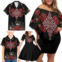 Czech Republic Traditional Costume Family Matching Off Shoulder Short Dress and Hawaiian Shirt Embroidery Floral Pattern With Red Rose