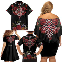 Czech Republic Traditional Costume Family Matching Off Shoulder Short Dress and Hawaiian Shirt Embroidery Floral Pattern With Red Rose