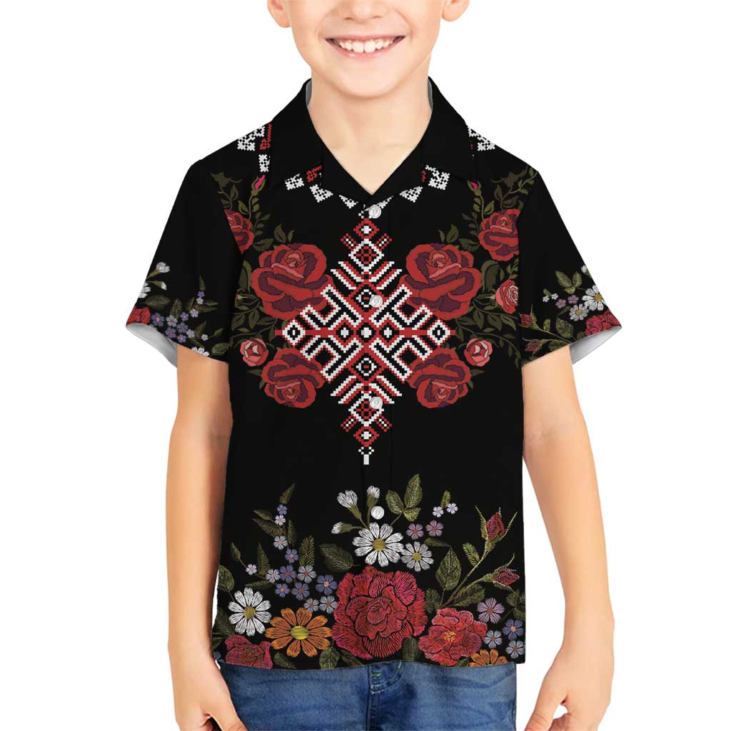 Czech Republic Traditional Costume Family Matching Off Shoulder Short Dress and Hawaiian Shirt Embroidery Floral Pattern With Red Rose