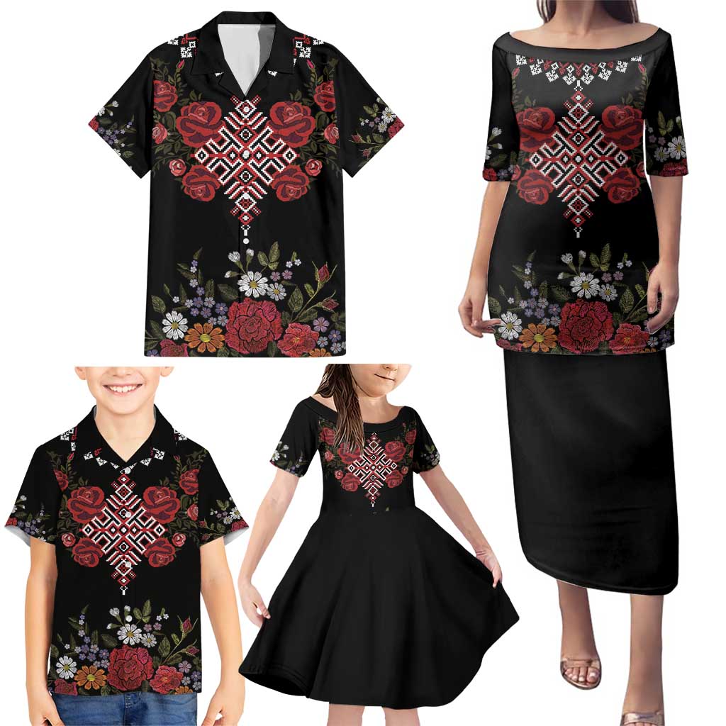 Czech Republic Traditional Costume Family Matching Puletasi and Hawaiian Shirt Embroidery Floral Pattern With Red Rose
