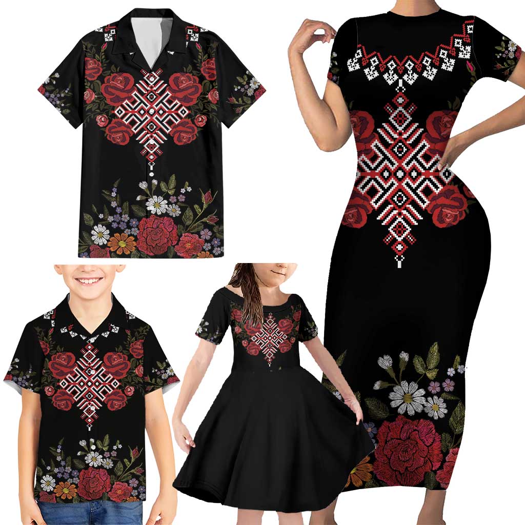 Czech Republic Traditional Costume Family Matching Short Sleeve Bodycon Dress and Hawaiian Shirt Embroidery Floral Pattern With Red Rose