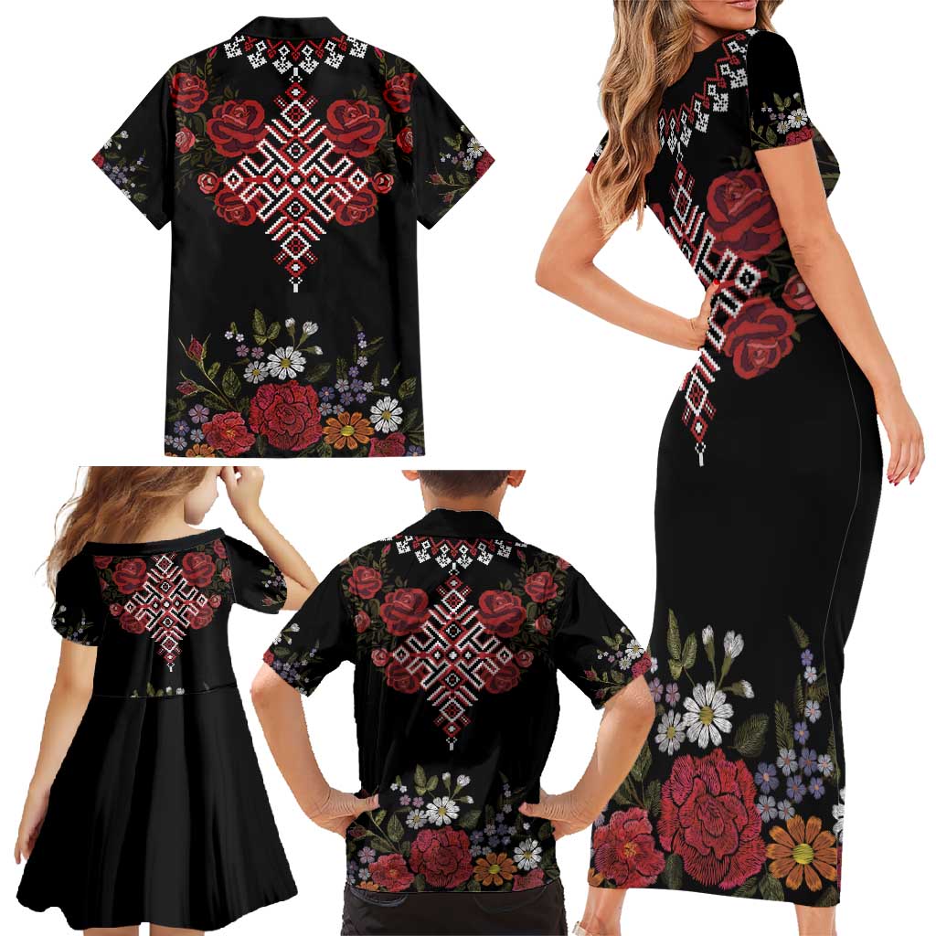 Czech Republic Traditional Costume Family Matching Short Sleeve Bodycon Dress and Hawaiian Shirt Embroidery Floral Pattern With Red Rose
