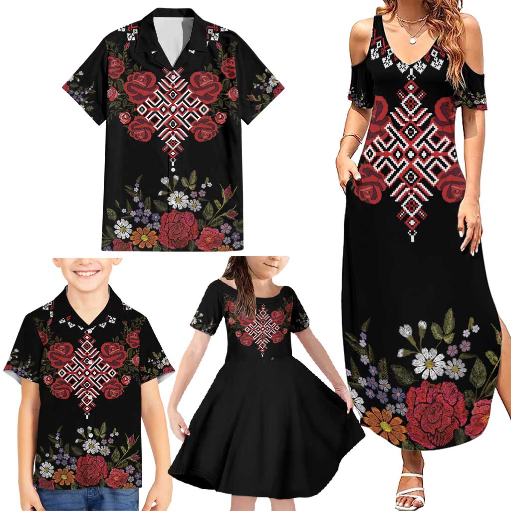 Czech Republic Traditional Costume Family Matching Summer Maxi Dress and Hawaiian Shirt Embroidery Floral Pattern With Red Rose