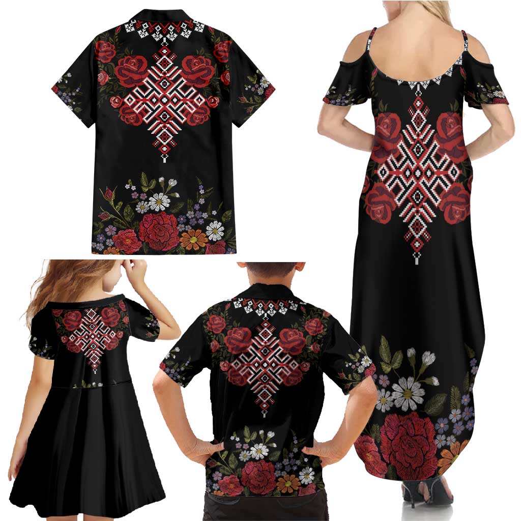 Czech Republic Traditional Costume Family Matching Summer Maxi Dress and Hawaiian Shirt Embroidery Floral Pattern With Red Rose