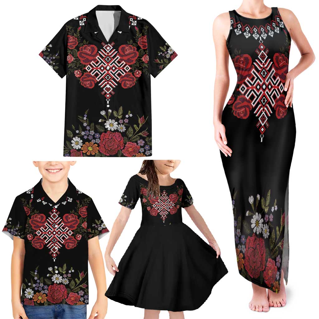 Czech Republic Traditional Costume Family Matching Tank Maxi Dress and Hawaiian Shirt Embroidery Floral Pattern With Red Rose