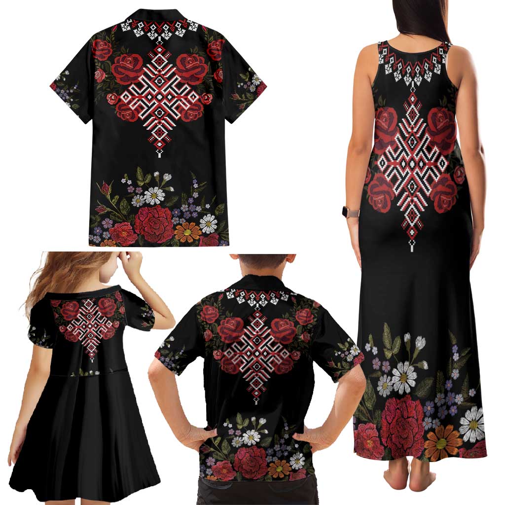 Czech Republic Traditional Costume Family Matching Tank Maxi Dress and Hawaiian Shirt Embroidery Floral Pattern With Red Rose