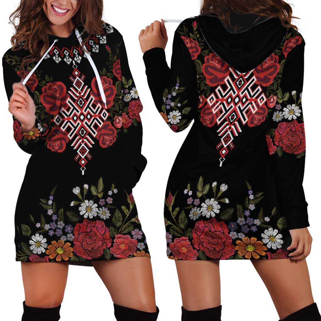 Czech Republic Traditional Costume Hoodie Dress Embroidery Floral Pattern With Red Rose