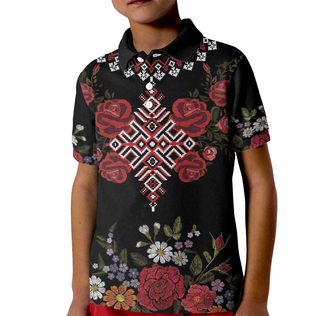 Czech Republic Traditional Costume Kid Polo Shirt Embroidery Floral Pattern With Red Rose