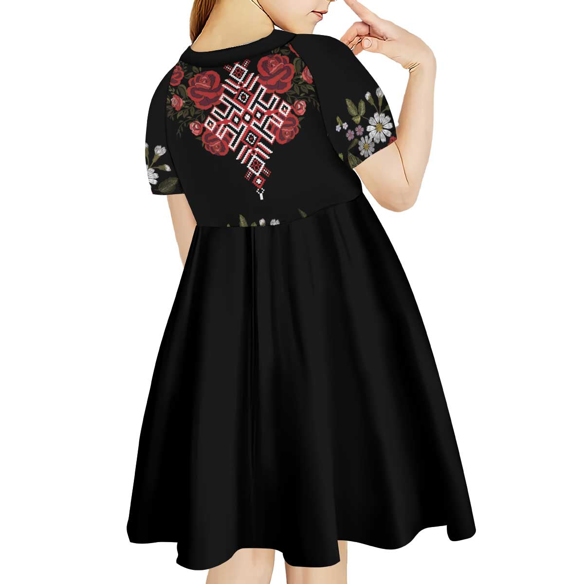 Czech Republic Traditional Costume Kid Short Sleeve Dress Embroidery Floral Pattern With Red Rose