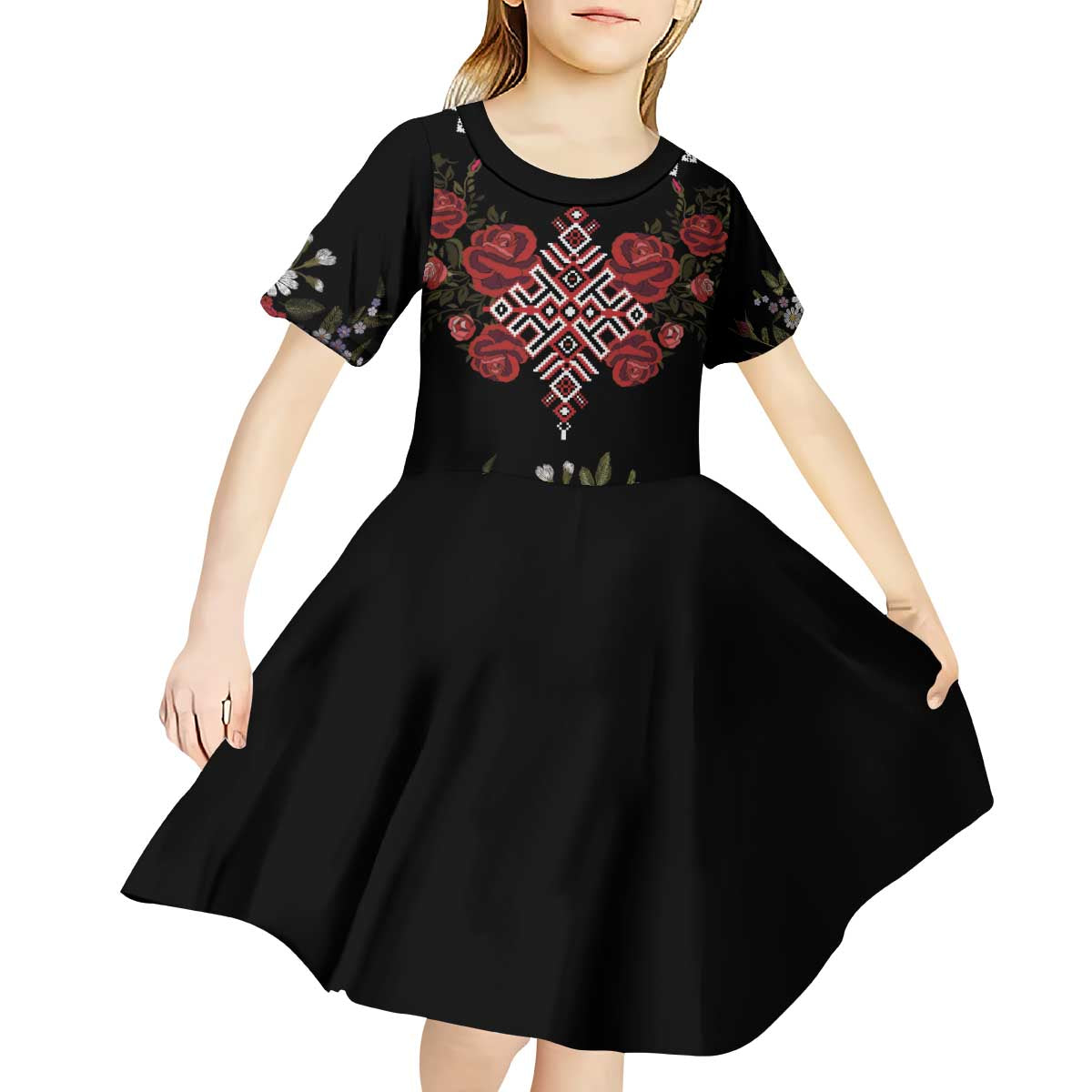 Czech Republic Traditional Costume Kid Short Sleeve Dress Embroidery Floral Pattern With Red Rose
