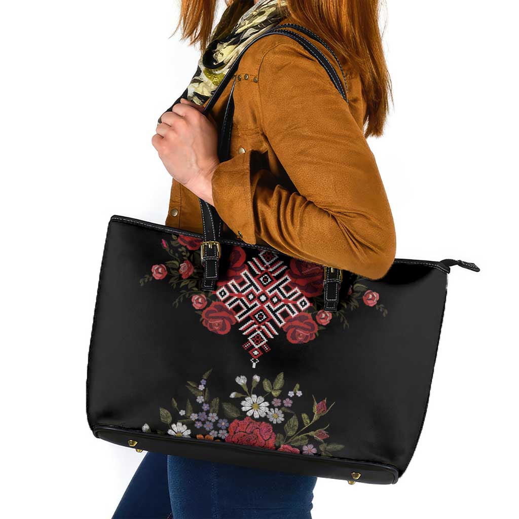 Czech Republic Traditional Costume Leather Tote Bag Embroidery Floral Pattern With Red Rose