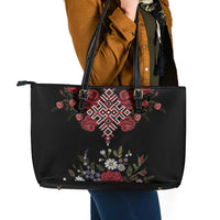 Czech Republic Traditional Costume Leather Tote Bag Embroidery Floral Pattern With Red Rose