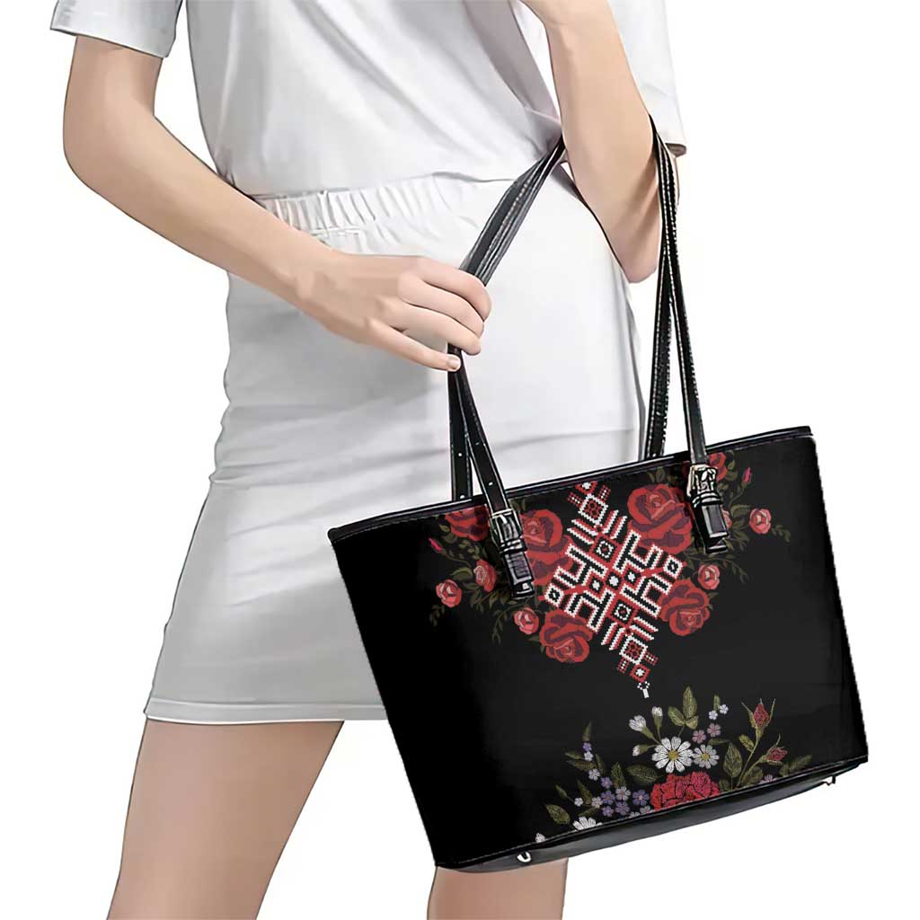 Czech Republic Traditional Costume Leather Tote Bag Embroidery Floral Pattern With Red Rose