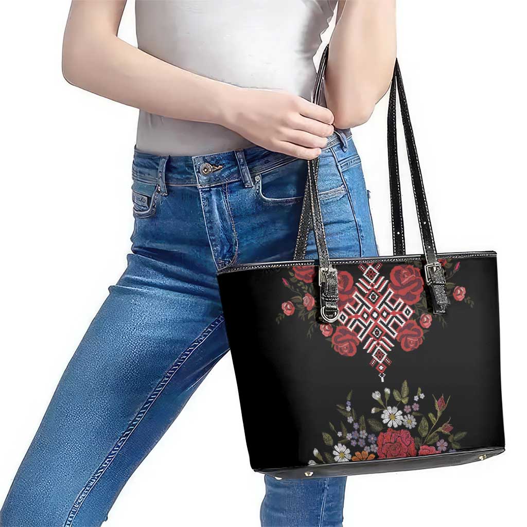 Czech Republic Traditional Costume Leather Tote Bag Embroidery Floral Pattern With Red Rose