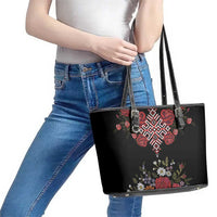 Czech Republic Traditional Costume Leather Tote Bag Embroidery Floral Pattern With Red Rose