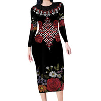 Czech Republic Traditional Costume Long Sleeve Bodycon Dress Embroidery Floral Pattern With Red Rose