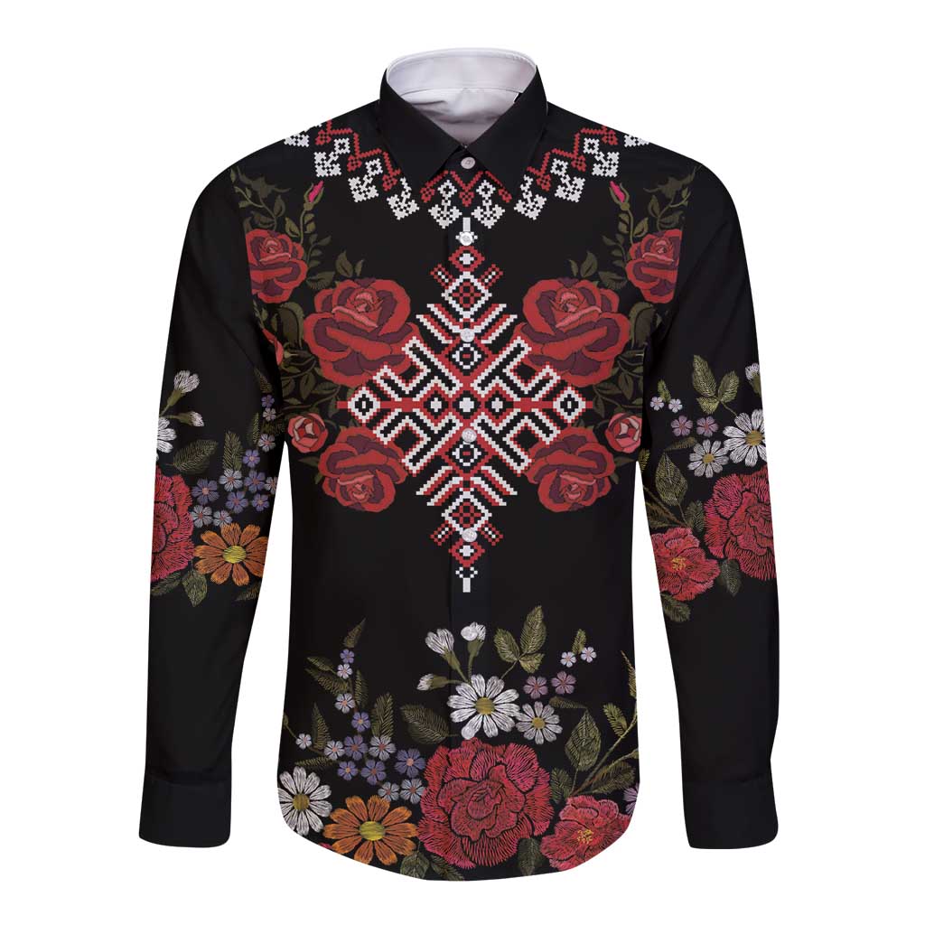 Czech Republic Traditional Costume Long Sleeve Button Shirt Embroidery Floral Pattern With Red Rose