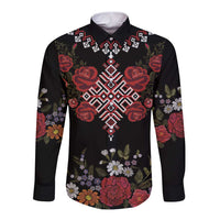 Czech Republic Traditional Costume Long Sleeve Button Shirt Embroidery Floral Pattern With Red Rose