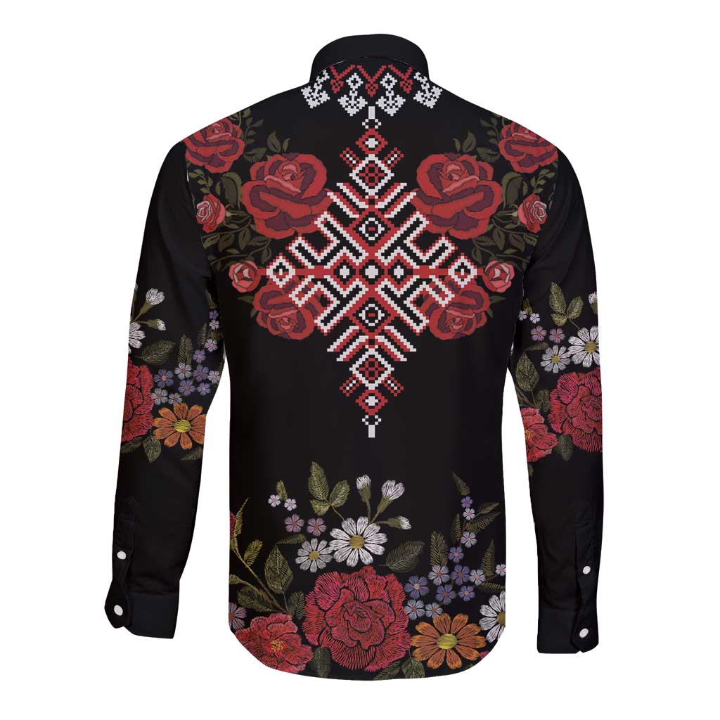 Czech Republic Traditional Costume Long Sleeve Button Shirt Embroidery Floral Pattern With Red Rose