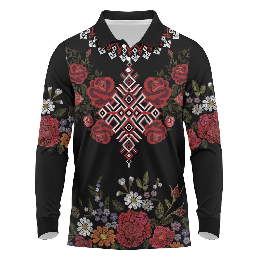 Czech Republic Traditional Costume Long Sleeve Polo Shirt Embroidery Floral Pattern With Red Rose