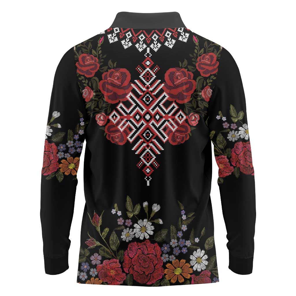 Czech Republic Traditional Costume Long Sleeve Polo Shirt Embroidery Floral Pattern With Red Rose