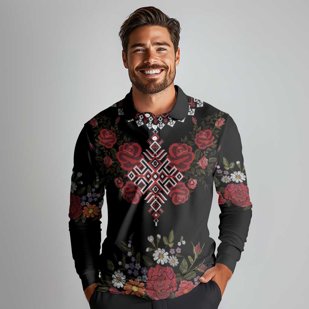 Czech Republic Traditional Costume Long Sleeve Polo Shirt Embroidery Floral Pattern With Red Rose